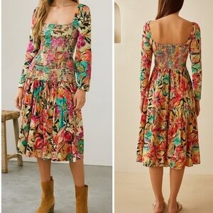 Hemant & Nandita Aroha Floral Midi Dress Puff Sleeve Smocked Boho Pink Red